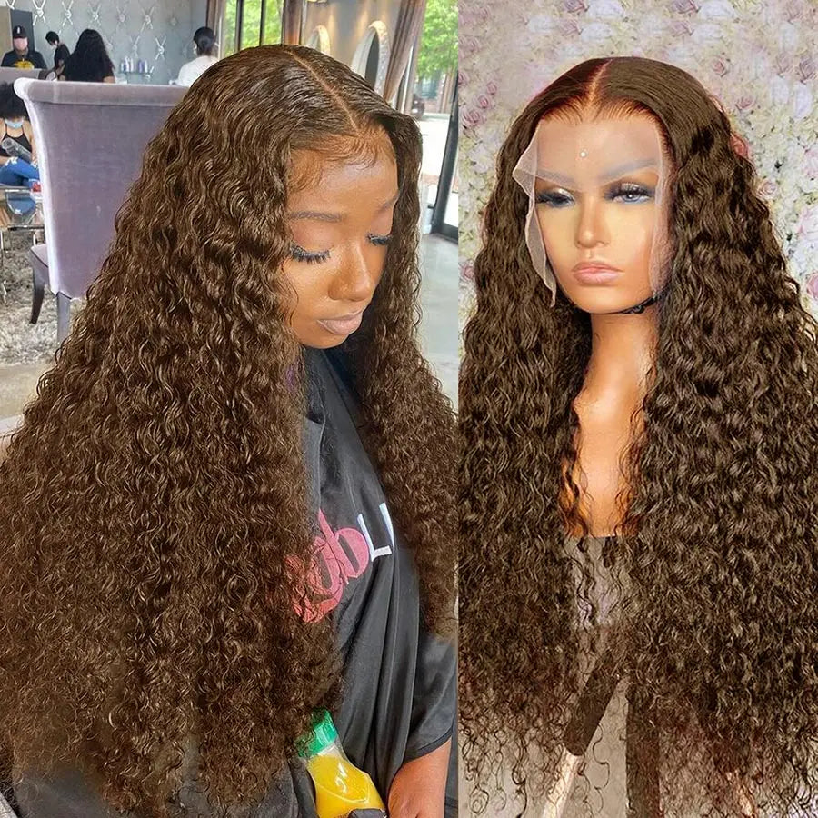13x4 Hd Chocolate Brown Deep Wave Lace Front Wig Glueless Curly Lace Frontal Human Hair Wigs Pre Plucked Colored Wig For Women