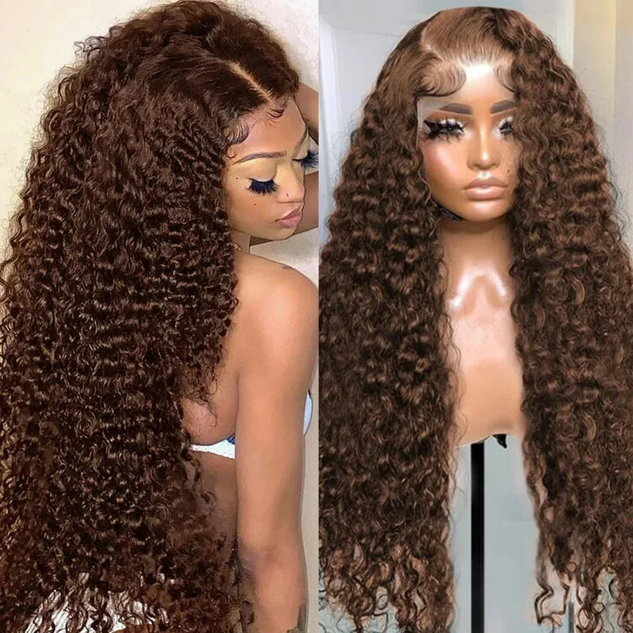 13x4 Hd Chocolate Brown Deep Wave Lace Front Wig Glueless Curly Lace Frontal Human Hair Wigs Pre Plucked Colored Wig For Women